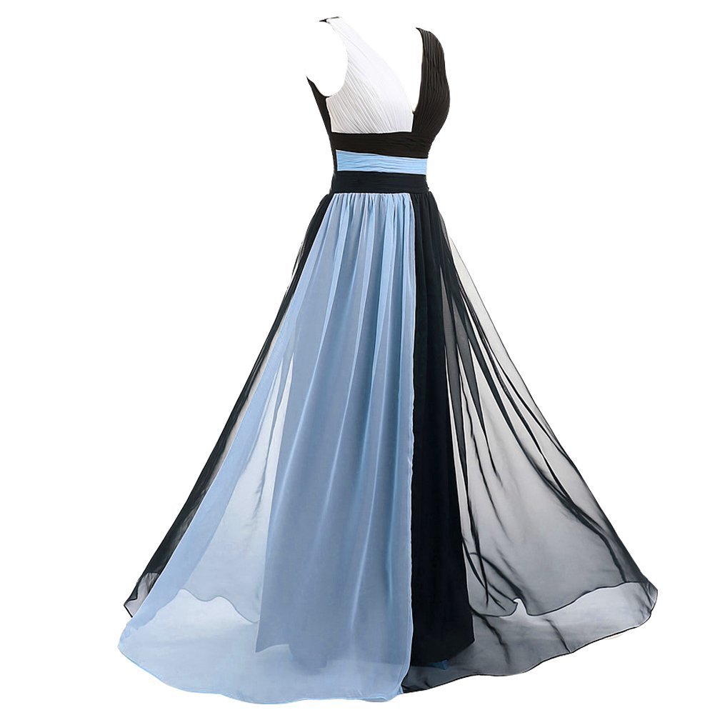 Kivary V Neck Long Black and White Chiffon Pleats Simple Prom Evening Dresses Sk