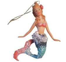 Mermaid Christmas Ornament Elegant Blonde Sparkly Pink Aqua Blue Beaded - $15.88