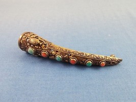 Chinese Posy Pin with Turquoise and Coral Cabochon (#J1239) - £224.76 GBP