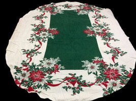 Christmas Fabric Tablecloth Oval Vintage 70&quot; x 58&quot; Green White Red Poins... - £36.98 GBP