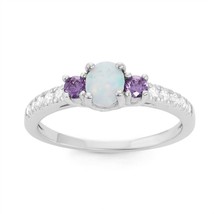Sterling Silver White Inlay Opal Oval with Amethyst and Clear CZ Ring - £34.16 GBP
