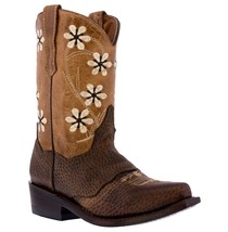 Kids Western Boots Flower Embroidered Leather Brown Snip Toe Botas Vaquera - £41.62 GBP