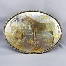 Vintage Belt Buckle Horses In The Wild Gold And Silver Color USA Made By W - £47.44 GBP