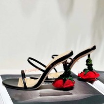 Black Open Toe Rose Heeled Sandals Women New Summer Strange Style Slipper Design - £118.21 GBP