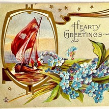c1910 Hearty Greetings Red Sailboat LSC Co Embossed Postcard - £10.20 GBP