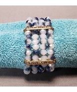 Bling Blue Faceted Beaded Stretch Cuff Bracelet Gold-tone Rhinestone Spa... - £15.58 GBP