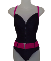 Vintage JAG One Piece Swimsuit Black Pink Belt Zip Front sz 6  James Bon... - £25.86 GBP