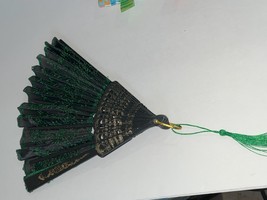 Asian Folding Hand Fan Green Black Fabric Embroidered Embellished - £11.76 GBP