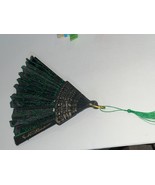 Asian Folding Hand Fan Green Black Fabric Embroidered Embellished - $14.99