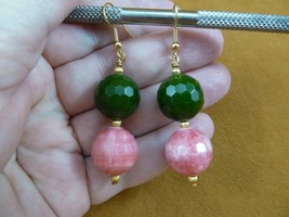 ee490-13 Pink Rhodochrosite + Green Jade 16mm gemstone gold tone dangle earrings - £21.66 GBP