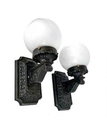 Pair Antique Cast Iron Sconce Lights 1900 Restored Art Nouveau Opal Globes - $836.83