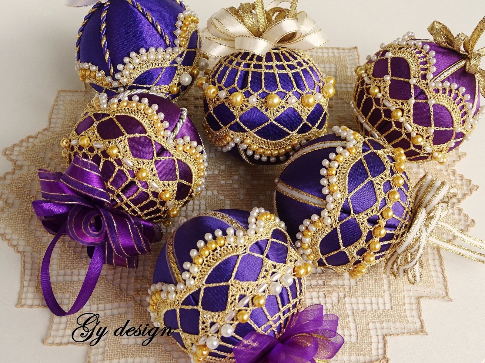 Gold crocheted beaded Christmas tree Ornaments Handmade bauble xmas gift