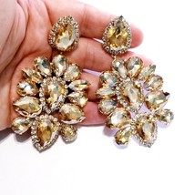 Rhinestone Clip On Earrings, Chandelier Drop Earrings, Topaz / Champagne Color P - £37.86 GBP