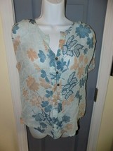 Lucky Brand Blue Cap Sleeve Floral Printed Sheer Button Down Blouse Size M NWOT - £17.44 GBP