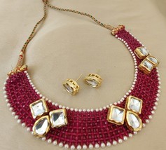 Gold Plated Indian Bollywood Style Kundan Ruby Pink Fusion Necklace Jewelry Set - £52.59 GBP