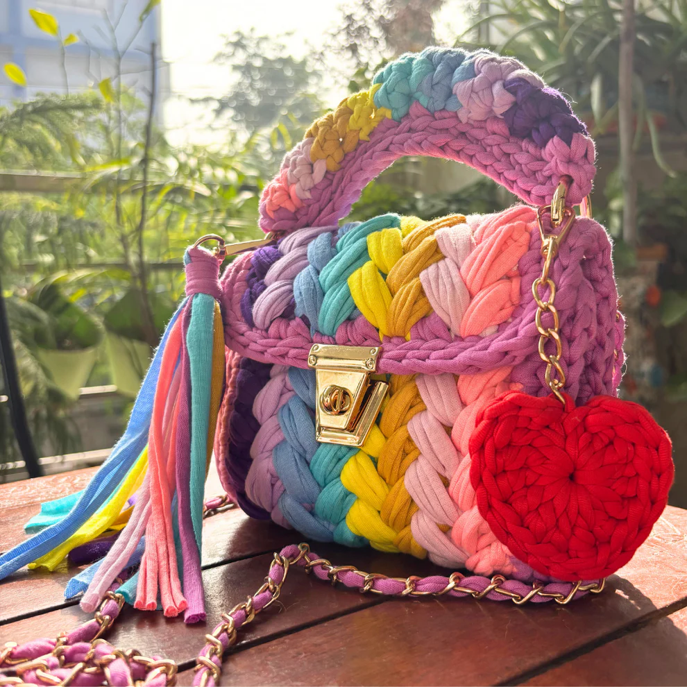 Jane Handmade Designer Festive Rainbow Bag With Heart Shaped Key Chain