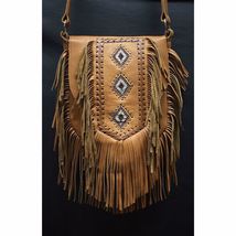 80s Western Hippie Leather Handmade Indian Bead, Fringed Cross Body Ladies Bag - £55.50 GBP