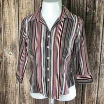 Bay Studio Collared Button Up Shirt ~ Sz S ~ Red, White, Brown ~ 3/4 Sleeve - $13.49