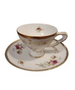 Happy Anniversary Pink Roses Gold Trim Vtg Footed Tea Cup &amp; Saucer Japan... - £12.52 GBP