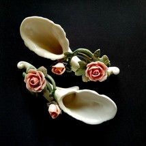 ENS KARL Germany Porcelain Lay Down Vase PAIR Cornucopia Rose Pinks Gree... - £15.54 GBP