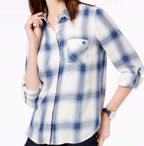 Tommy Hilfiger Womens Windowpane Print Roll Tab Sleeve Shirt, X-Large, Blue - $58.91