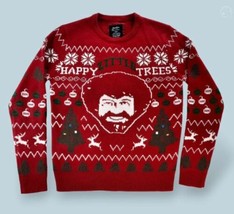 Bob Ross Happy Little Trees Sweater Medium Red Adult Ugly Christmas Party Knit - £22.68 GBP