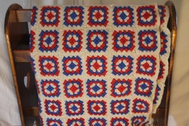 Vintage Homemade Afghan Blanket Red White Blue 62&quot; x 60&quot; American Hand Made - £59.39 GBP
