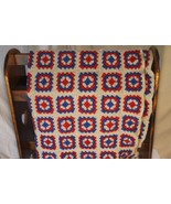 Vintage Homemade Afghan Blanket Red White Blue 62&quot; x 60&quot; American Hand Made - €63,69 EUR