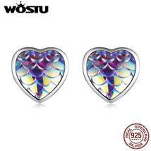 WOSTU 2021 925 Silver Purple Blue Sea Cute Fish Scale Heart Cat Stud Earrings Fo - £15.71 GBP