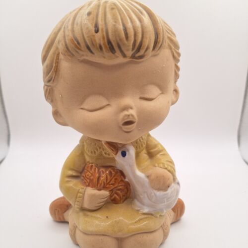 Vintage HANKYU Japan GLAZED Terracotta Pottery &quot;CHILD WITH GOOSE&quot; Figurine - $10.80