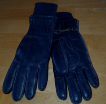 VTG ARIS HEAVY LEATHER NAVY LADIES GLOVES W/RIBBED CUFF-DOWN FILL-WORN O... - $14.99