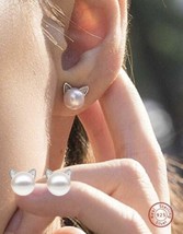 Pearl Earrings - crystal &amp; 925 Sterling Silver Studs - Cat Ears Earrings - £12.07 GBP