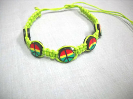 Lime Green Macrame W Rasta Color Peace Sign Beads Reggae Tie Bracelet / Anklet - £3.17 GBP
