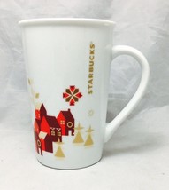 Starbucks Christmas Holiday 4 5/8” white 12 Oz. Mug red village houses d... - £5.47 GBP