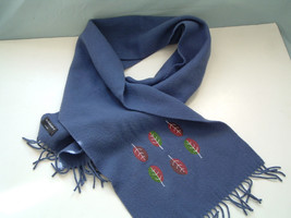 Em Embroidery London blue soft lambswool long  wide  scarf muffler leaf ... - $376.72 MXN