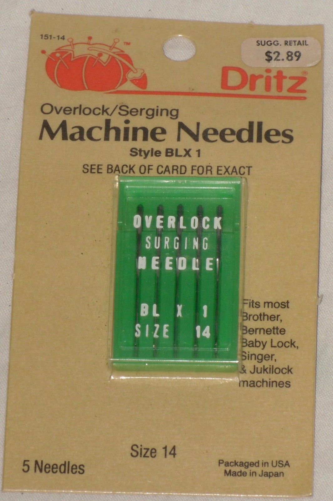 Dritz Overlock/Serging Sewing Machine Needles No. 151-14 Size 14 Sealed Vintage  - $8.95