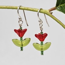925 Sterling Silver - Red Green Glass Crystal Flower Drop Dangle Earrings - £15.69 GBP