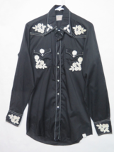 Vtg H Bar C 70s Western Long Tail Klik Pearl Snap Black Floral Shirt USA Sz M L - £72.01 GBP