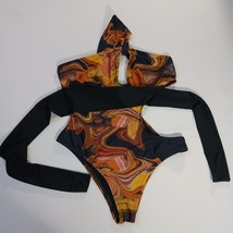 IconSwim Women's Yellowish Brown Slide Thru Swimsuit Black Marble Print Size 2XL image 5