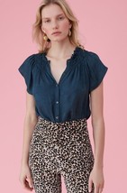 Rebecca Taylor Silk Top Blue Floral Jacquard Short Sleeve Buttons SZ 0 NWT $250 - $95.20