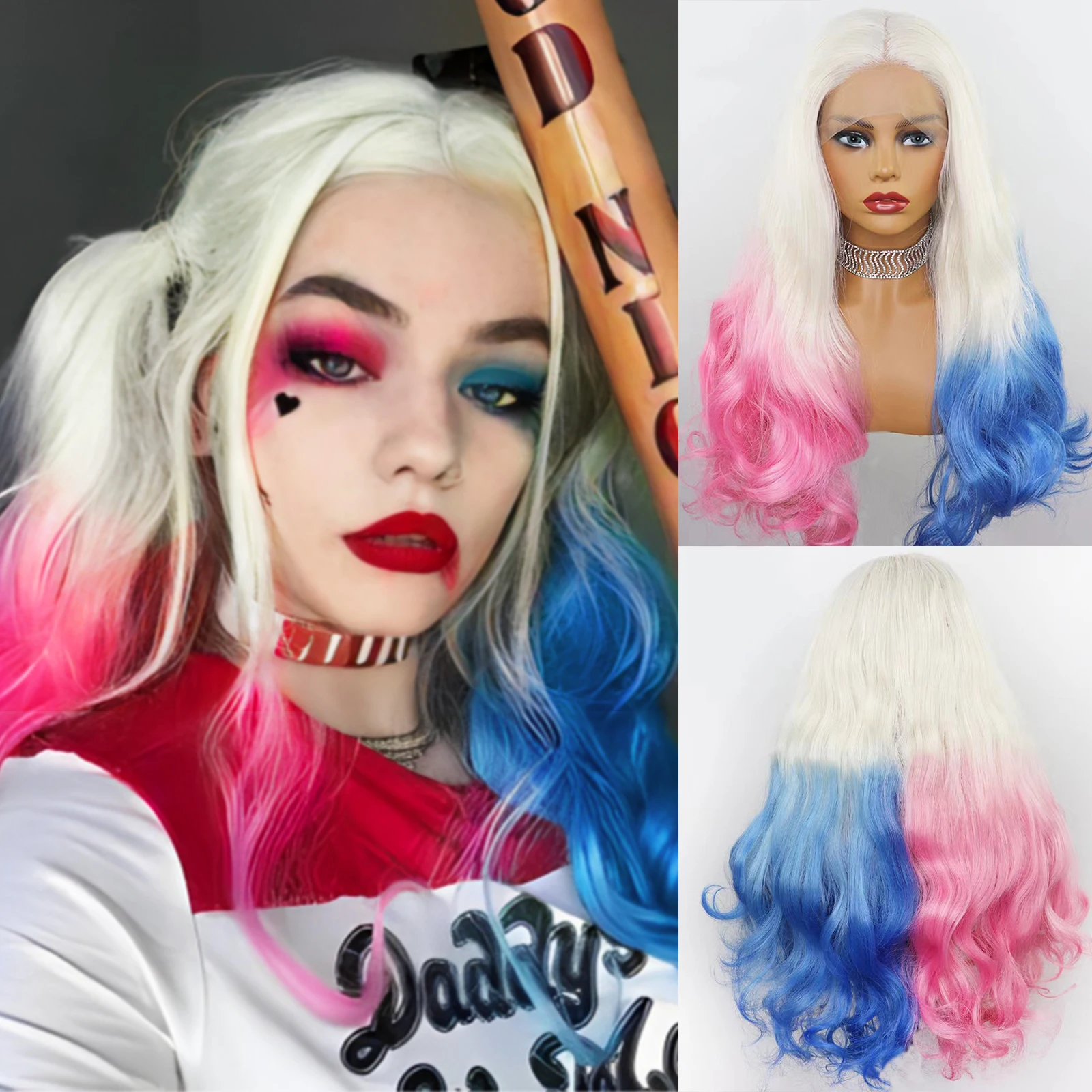 RONGDUOYI Cosplay Pink Blue Ombre Synthetic Hair Lace Front Wigs Body Wave He - £47.10 GBP+