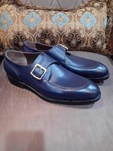 Handmade Men&#39;s Blue Cowhide Leather Single Monk Round Toe Shoes For Men - $128.69+