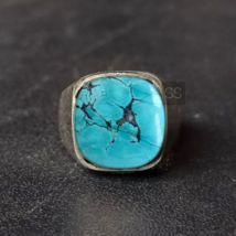 925 Sterling Silver Tibetan Turquoise Cushion Signet Ring December Birthstone - £79.13 GBP