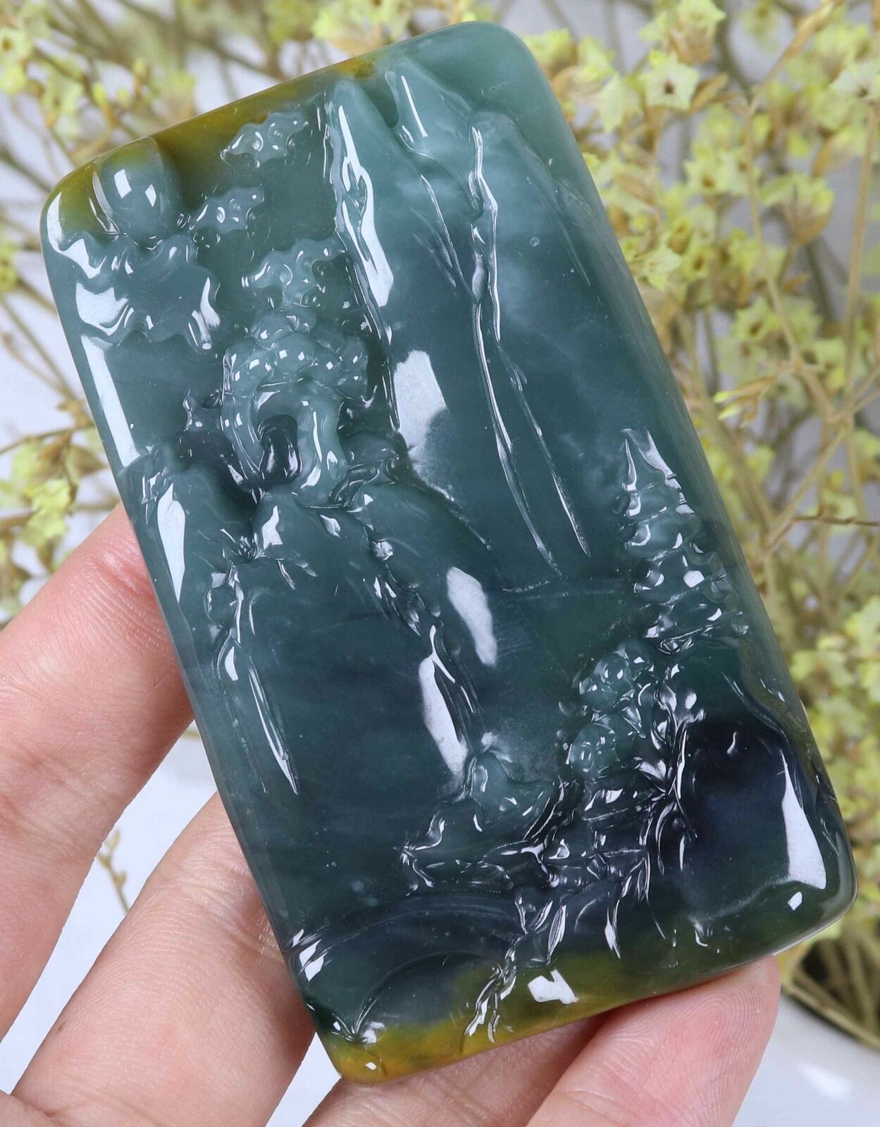 Primary image for Certified Green yellow 100% Natural A Jade jadeite Landscape Pendant 88578N