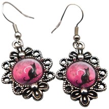 Vintage Black Cat Earrings Pink Background Glass Cover 1.5&quot; Drop French Wire - £6.25 GBP