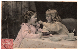 RPPC Colorized Postcard Two Children French Girls Feeding Each Other - £9.45 GBP