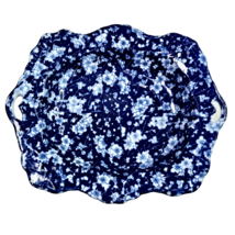 RARE VTG Victoria Ware Ironstone Blue Calico Floral Platter Bowl Handles Scallop - £58.57 GBP