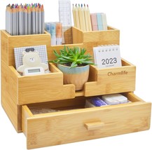 Bamboo Desk Organizer Makeup Storage Drawer Pen Organizer With Drawer Ba... - $40.96