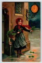 New Year Postcard Girl Four Leaf Clovers Clock Midnight EAS Germany Unposted - £16.38 GBP