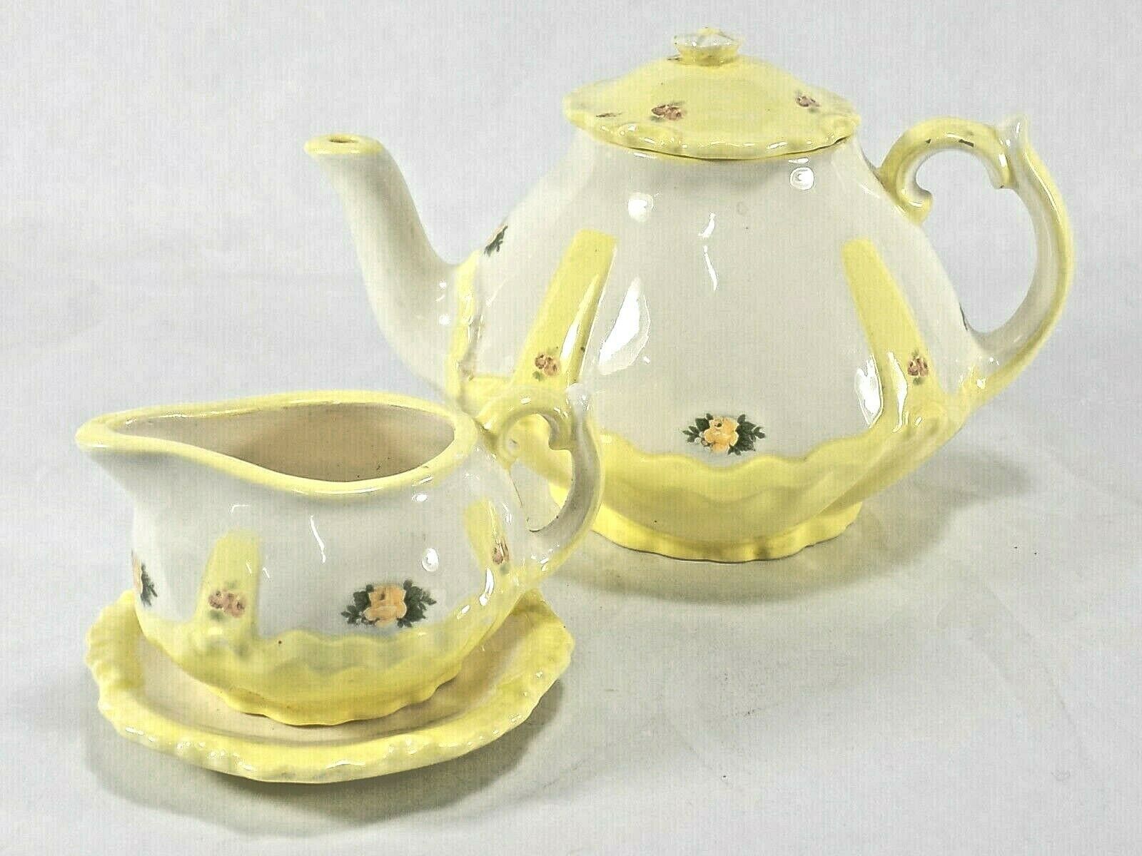 Vintage 2 Pcs MINIATURE DISPLAY TEA SET PORCELAIN YELLOW &amp; WHITE Pink Rose - $13.16